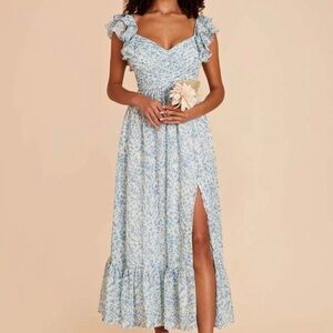 NWT Birdy Grey Blue Floral Slit Dress with Ruffle Straps Size Small
